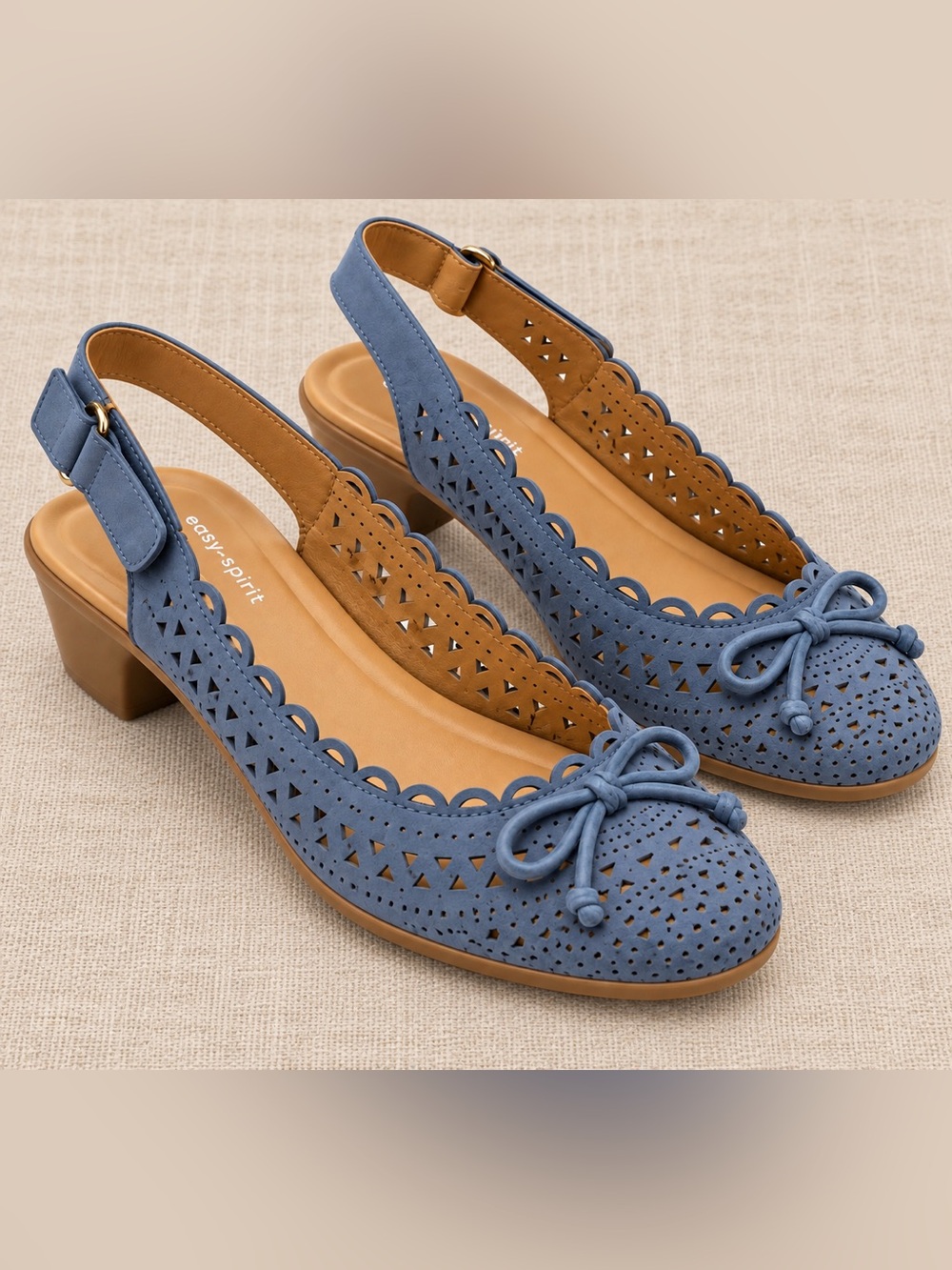Easy Spirit Blue Perforated Slingback Sculpted Wedge with Bow